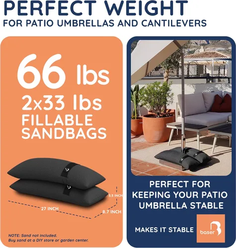 Miniatura 2 de Baser Bolsas de peso rectas rellenables de 2 x 33 libras rellenables para sombrillas de patio, voladizos y accesorios de jardín