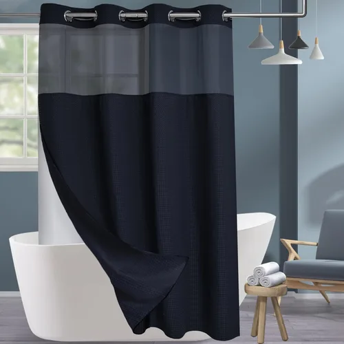 Miniatura 9 de Conbo Mio Cortina de ducha sin ganchos de tela de gofre con forro extraíble, lujosa para hotel, azul oscuro, para baño con ventana transparente