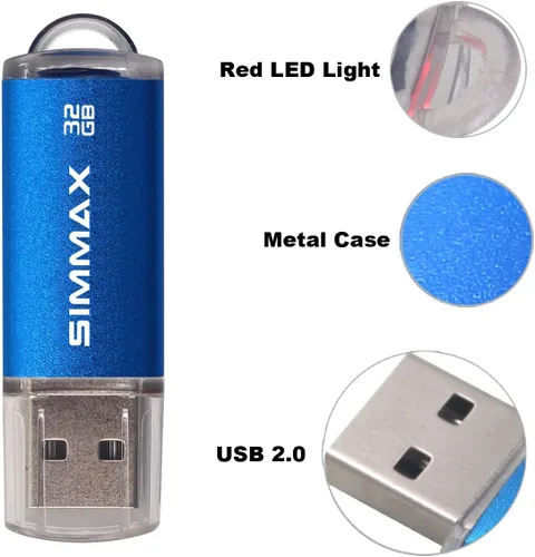 Miniatura 8 de SIMMAX Paquete de 5 unidades flash USB 2.0 de 32 GB con indicador LED (azul verde, negro, rojo y morado)