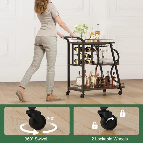 Miniatura 6 de Carrito de bar rústico, carritos de bar rodantes de 3 niveles para el hogar, carrito de servicio industrial para el hogar con soporte para copas