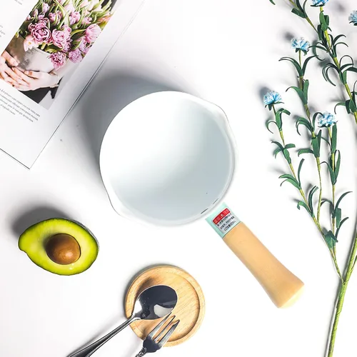 Miniatura 6 de Olla de leche pequeña beige de 1.2L con tapa lindo mango de madera hogar sartén antiadherente leche caliente bebé suplemento de alimentos olla