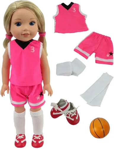 American Fashion World Uniforme de baloncesto rosa intenso para muñecas de 14 pulgadas | Calidad premium y diseño moderno