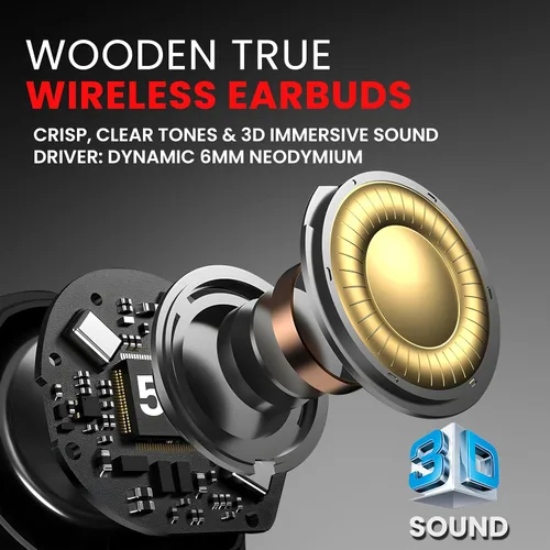 Miniatura 6 de Symphonized Auriculares inalámbricos de madera con graves profundos, 35 horas de reproducción de sonido 3D. Cancelación de ruido con micrófono.