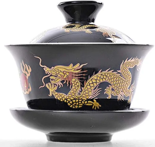 Taza de té de porcelana Kung Fu y platillo con tapa, juego de té tradicional chino Gaiwan Sancai con patrón de dragón (negro)