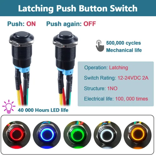 Miniatura 2 de 2 interruptores de botón con pestillo de 0.472 in con cable pre-soldado de 5.9 in 1NO 12V-24V ON-Off para orificio de montaje de 1/2 pulgada, anillo