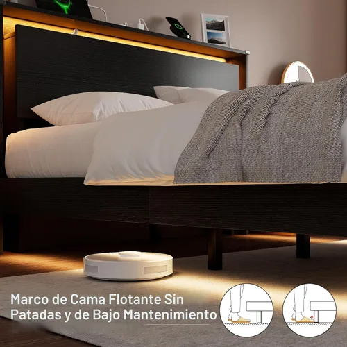 Miniatura 6 de Einhomn Marco de Cama Tamaño Queen con Luces LED y Estación de Carga – Marco de Cama Queen Flotante de Madera para Niños con Cabecera de Negro