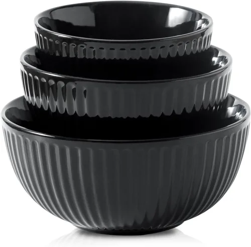 HASENSE Juego de 3 cuencos pequeños de mezcla, cuencos de porcelana acanalados negros de 1.5/1/0.5 cuartos de galón para cocina, cocción, horneado y