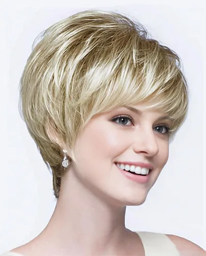 Miniatura 17 de SEVENCOLORS Pelucas cortas de cabello sintético con flequillo lateral y rubio mezclado para mujeres blancas, longitud al hombro, pelucas de cabello