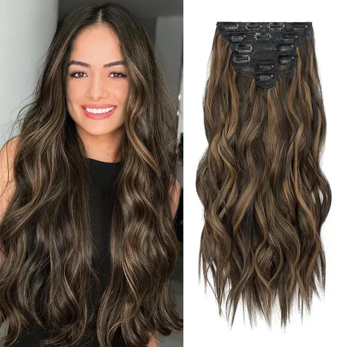 Miniatura 36 de Fliace Extensiones de cabello con clip para mujer, extensiones de cabello ondulado largo de color marrón medio, extensiones de cabello sintético