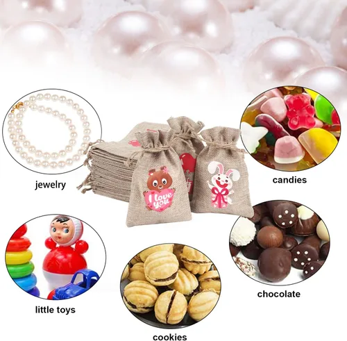 Miniatura 5 de DERAYEE 36 bolsas de regalo de arpillera para el día de San Valentín con cordón, 4 x 6 pulgadas, pequeñas bolsas de lino con corazón de San