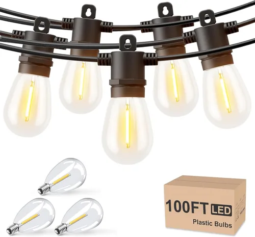 Svater - Guirnalda de luces para exteriores de 100 pies, para patio al aire libre con bombillas S14 inastillables, luz colgante LED resistente al