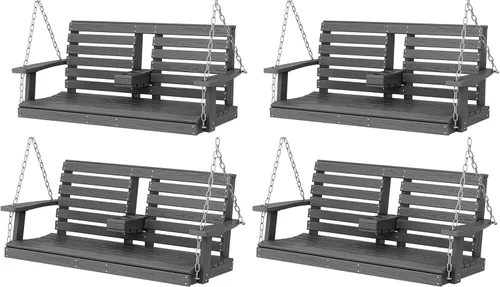 Miniatura 57 de KINGYES Columpio colgante para porche al aire libre, silla de columpio de patio de 2 asientos con portavasos, banco impermeable para patio y jardín