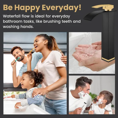 Miniatura 8 de Airuida - Grifo de cascada para baño, grifo de lavabo alto para mueble de baño, en negro mate y oro cepillado, moderno, con un solo agujero, manija