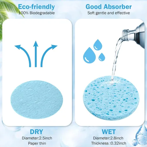 Miniatura 2 de Amyhill 300 esponjas faciales comprimidas, esponjas faciales naturales para limpieza, almohadillas exfoliantes faciales desechables para Azul