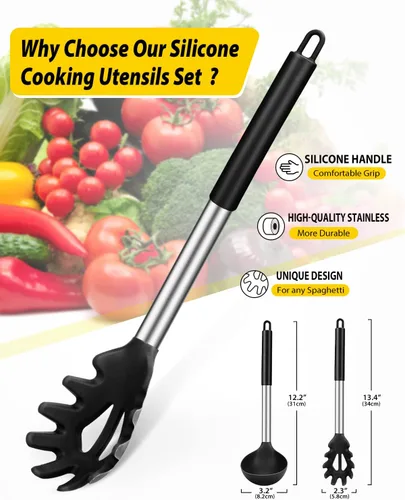 Miniatura 2 de Set de tenedor de pasta y cucharón de silicona, utensilios de cocina grandes antiadherentes para cocinar, remover, servir espaguetis, sopa, salsa