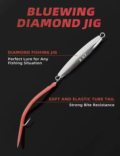Miniatura 2 de BLUEWING Diamond Jigs - Señuelo de pesca para agua salada, 1 oz, 2 onzas, 3 onzas, 4 onzas, 1 pieza con cola de tubo dividido y gancho de acero Rojo