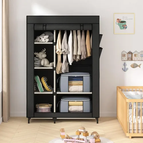Miniatura 6 de Calmootey Armario portátil, armario con 6 estantes y barra para colgar, organizador de almacenamiento para dormitorio, funda de tela no tejida con 4