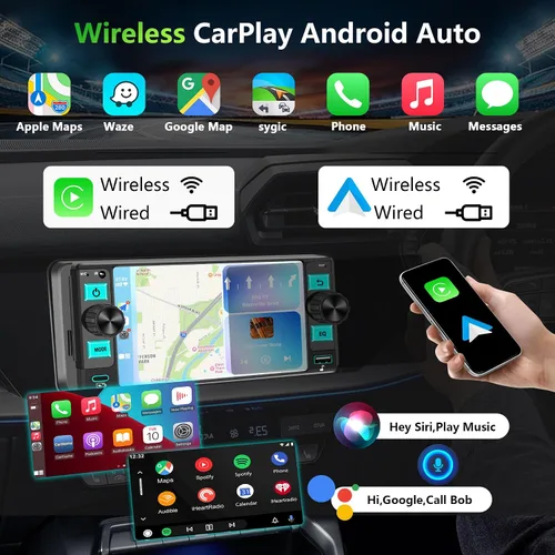 Miniatura 2 de Estéreo de automóvil de un solo DIN: radio de pantalla táctil de doble perilla con Apple CarPlay inalámbrico y Android Auto Actualiza tu auto