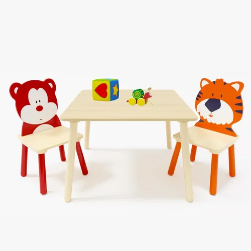 Juego de mesa y silla para niños, juego de mesa de madera para niños con 2 sillas, mesa de actividades adorablemente animales para leer, dibujar, B
