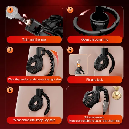 Miniatura 5 de Dokehu Jaula de castidad masculina, dispositivo de castidad grande y ligero con 8 tamaños ajustables y bloqueo invisible, engranaje de bondage