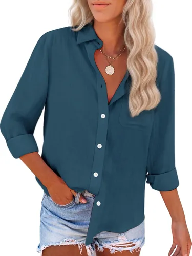Miniatura 18 de Camisas de algodón con botones, para mujer, camisas de vestir Oxford, camisas de trabajo de manga larga, blusas con cuello y bolsillo