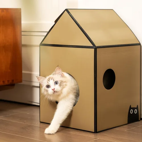 Miniatura 7 de Conlun Casa de cartón para gatos con almohadilla para rascar y hierba gatera, casa rascador para juegos de gatos para muebles de interior, rascador