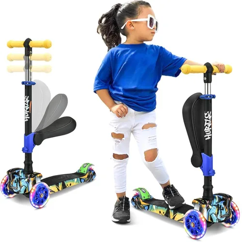 Hurtle Patinete de 3 ruedas para niños, luces LED de ruedas, manubrio ajustable de inclinación para dirigir y asiento plegable, paseo sentado o de