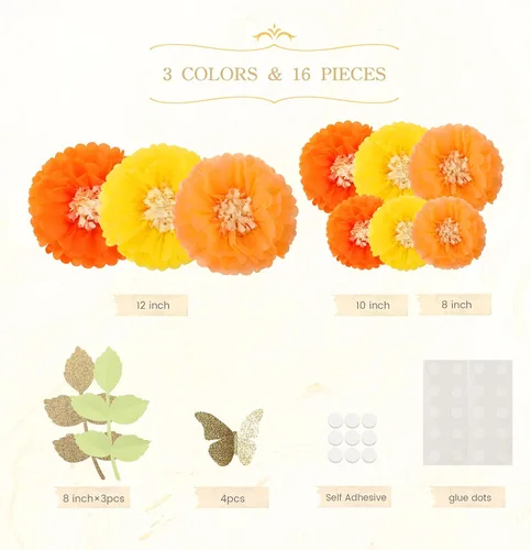 Miniatura 7 de Fonder Mols Papel de seda con mariposas y hojas de olivo para bodas, baby shower, cuarto de bebé, decoración de fiestas y eventos, pompones Amarillo