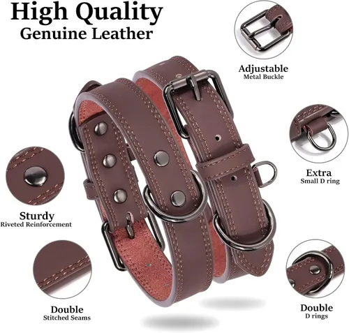 Miniatura 4 de Didog Collar de perro de cuero genuino para perros pequeños, duradero y suave, con anillos dobles en D y hebilla de metal, marrón, S