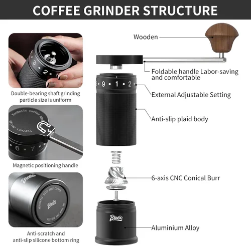 Miniatura 5 de Bincoo Molinillo de café manual con mango plegable manual – Molinillo de café expreso, compacto y portátil para el hogar, viajes, camping (negro)