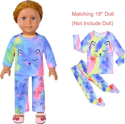 Miniatura 62 de QPANCY Conjunto de pijamas a juego para niñas y muñecas, pijamas de manga larga para otoño e invierno