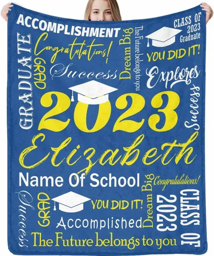 Miniatura 25 de Decoraciones de graduación 2023, manta de regalo para ella, él, felicitaciones 2023, azul oscuro, manta de graduado con nombre personalizado, No.11