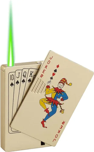 Miniatura 11 de Encendedor de antorcha de chorro, Ace Card Green Flame Lighter, diseño de póker de metal, resistente al viento, recargable, butano, encendedor