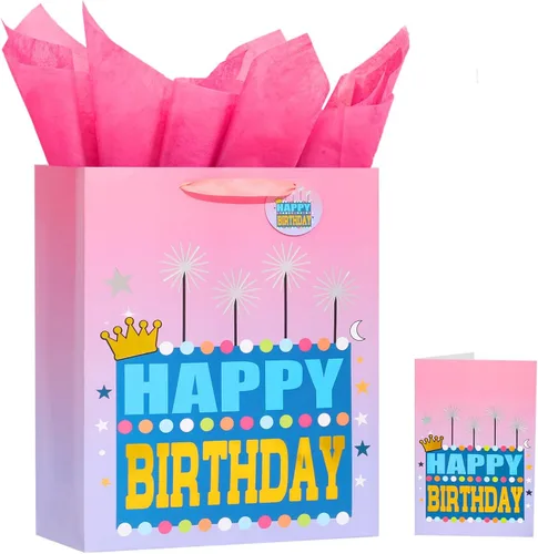 Miniatura 31 de Powbrace Bolsa de regalo de cumpleaños negra con papel de seda y tarjeta de felicitación, 13 x 10.2 x 4.9 pies, mediana