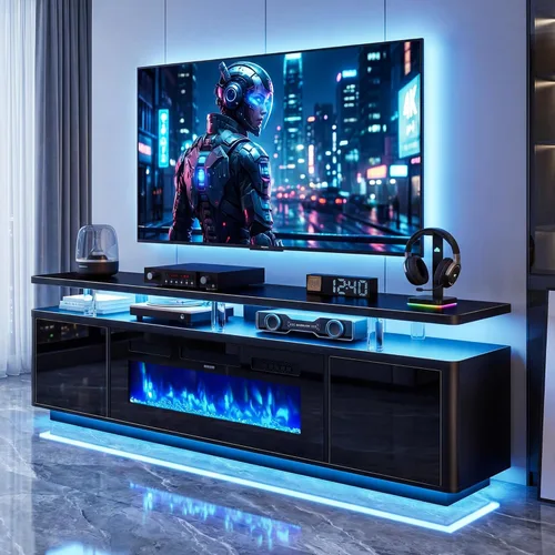 oneinmil 70" Fireplace TV Stand for Living Room, Electric Fireplace Entertainment Center with Dual LED Lights & Storage Cabinets, Fits TVs up to