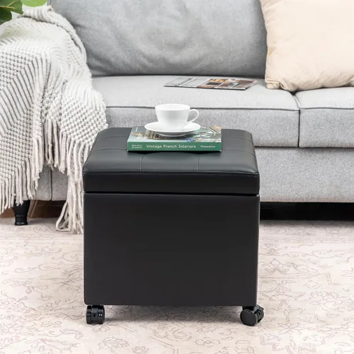Miniatura 3 de Adeco Otomana moderna de cuero con ruedas, otomana cuadrada negra rodante de 18.8" con almacenamiento, taburete de tocador tapizado acolchado