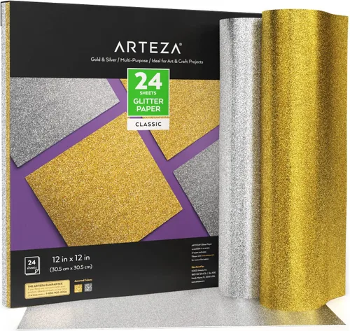 Arteza Papel con purpurina, 24 hojas, 12 x 12 pulgadas, papel de álbum de recortes dorado y plateado, suministros de arte y manualidades para