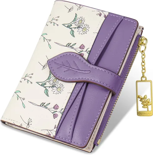 Miniatura 13 de Carteras para mujer - Bloqueo RFID - Pequeña billetera con flores, cuero PU suave, plegable, bolsillo con cremallera para monedas, tarjetero