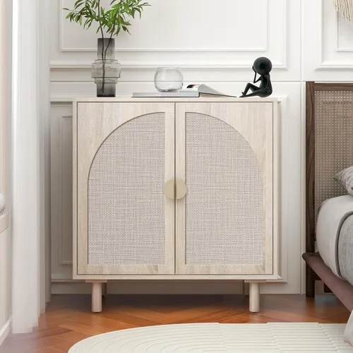 Miniatura 9 de ZeHuoGe Aparador de buffet con ratán, aparador de almacenamiento de cocina con puertas decoradas de ratán, bufé de café con licor, comedor, pasillo
