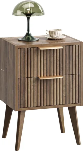 Miniatura 12 de YAUKOMEL Mesita de noche negra, mesita de noche moderna de mediados de siglo, mesita de noche acanalada con 2 cajones, mesa auxiliar con patas