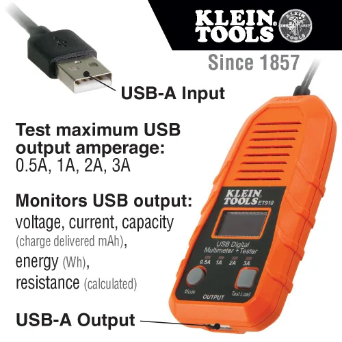 Miniatura 2 de Klein Tools ET910 Medidor y Probador de Potencia USB, Multímetro Digital USB-A para Voltaje, Corriente, Capacidad, Energía, Resistencia, Máxima