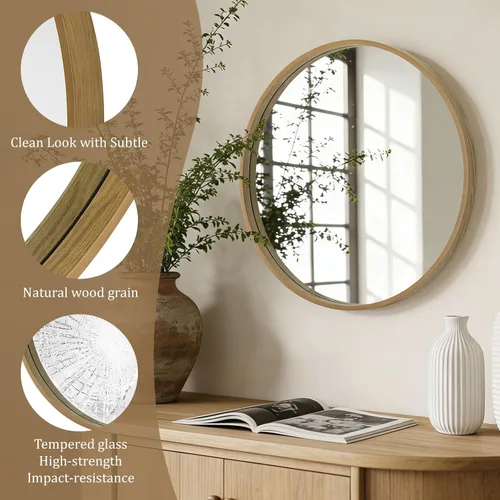 Miniatura 4 de Espejo redondo de madera WallBeyond de 24 pulgadas, espejo circular de pared para baño, espejo redondo de pared para decoración, tocador, entrada