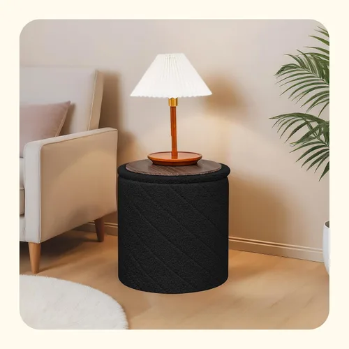Miniatura 2 de PINPLUS Otomana con Stroage redondo Boucle otomana y bandeja Sherpa extraíble pie taburete mesa de café para dormitorio, sala de estar, negro, 16.9