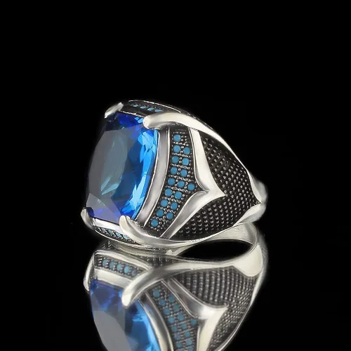 Miniatura 2 de 925 Sterling Silver Men's Ring with Blue Topaz Stone, Handmade Blue Topaz Stone Silver Ring, Gift for Him