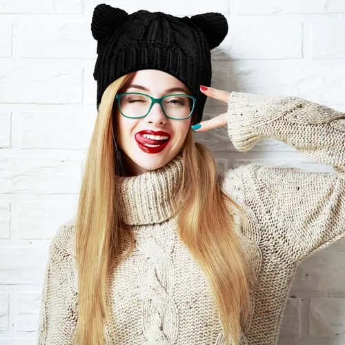 Miniatura 3 de SATINIOR Lindo gorro de punto con orejas de gato, gorro de punto de invierno para mujeres y niñas