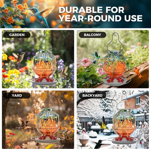 Miniatura 6 de Comederos para colibríes de vidrio soplado para exteriores, comedero de néctar para pájaros silvestres de 25 onzas con percha y 5 puertos
