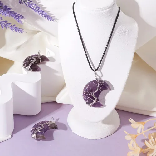 Miniatura 3 de Beadthoven - Dijes de árbol de la vida con luna creciente, dijes de piedra de amatista, colgantes de piedras naturales envueltas en alambre, dijes