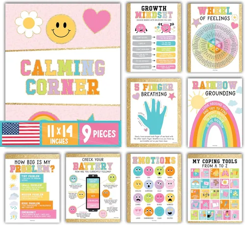 Miniatura 10 de Hadley Designs 9 carteles de esquina relajantes para el aula, suministros de esquina tranquila con tabla de emociones, póster de consejero escolar