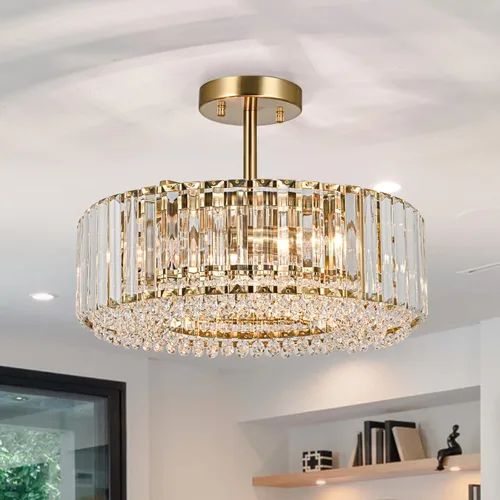 Miniatura 9 de Lingkai Candelabro de Cristal Moderno de 15.8" Cromado Redondo Semi Empotrado Luminaria de Techo Candelabro para Sala de Estar Comedor Dormitorio