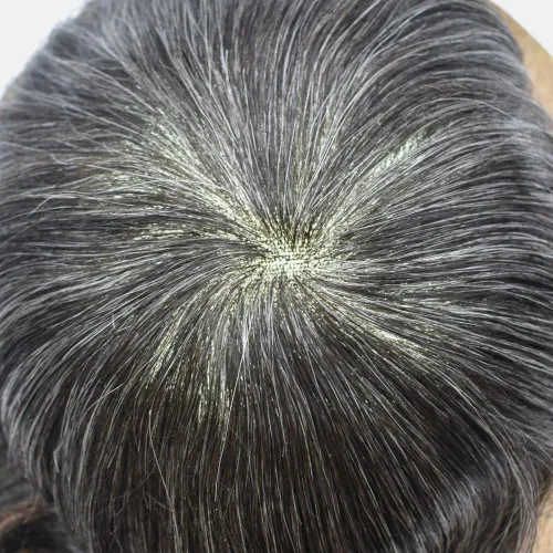 Miniatura 6 de Toupee para hombres, sistema de reemplazo de cabello humano Remy, nudos blanqueados, encaje frontal, piel fina, para hombre, color gris, pelucas